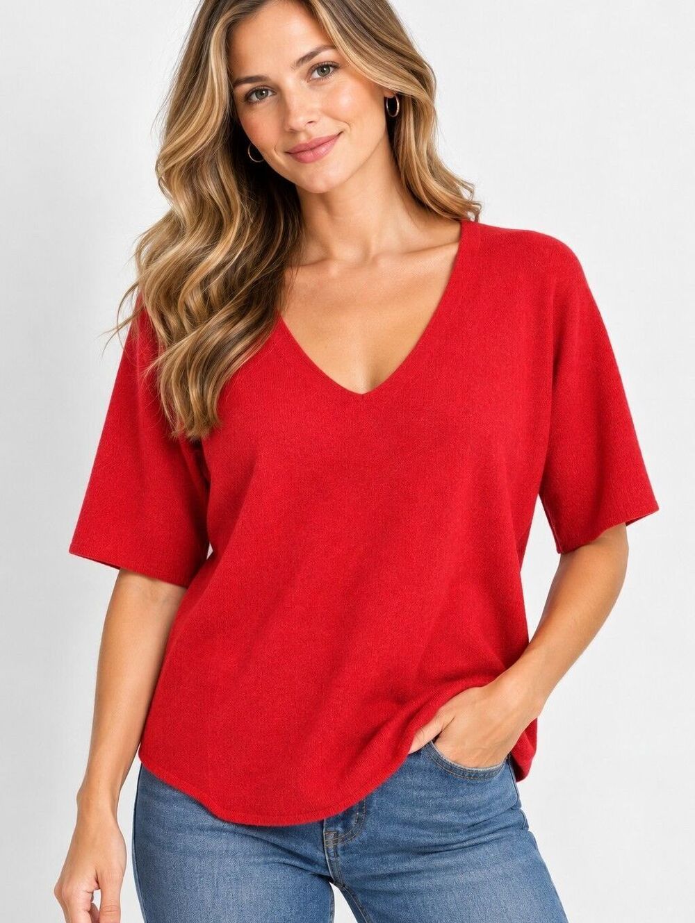 SWI by Vesna Bricelj Medium Red Lambswool Angora V-Neck Short Sleeve Sweater Vtg